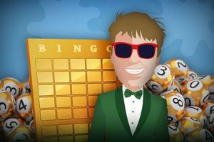 En man bredvid en stor bingobricka i guld. I bakgrunden syns guldfärgade bingobollar.