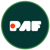 Rund cirkel med mörkgrön bakgrund och ljusare grön ram. I mitten av bilden syns Paf Casino logga. Bilden ska signalera att detta är en Paf Casino recension