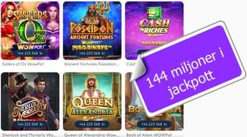 Bild på WoWPot-slots och etikett med texten 144 miljoner i jackpott