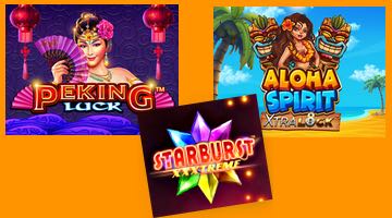 Bilder på slottarna Peking Luck, Aloha Spirit Xtra Lock och Starburst XXXtreme