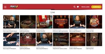 Skärmbild från live casinot hos Pronto Live