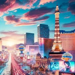 En bild illustrerar Las Vegas som är en av världens 10 största casino städer. På bilden ser man den stora casinogatan the strip som kantas av casinobyggnader.
