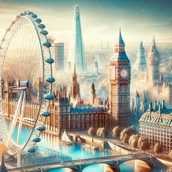 Illustration av London, i bilden syns kända landmärken som big ben och London eye.