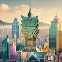 En bild som illustrerar Macau. I bilden syns höga byggnader och ett av stadens berömda casinon.