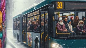 Fullsatt buss med människor som åker kollektivt i en snötäckt stad