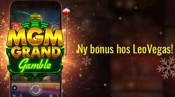 Bild på spelautomaten MGM Grand Gamble och texten "Ny bonus hos LeoVegas" I bakgrunden syns ljusgnistor och snöflingor