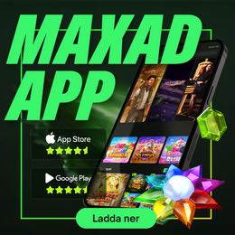 Bild med texten "Maxad App" i gröna bokstäver. I bakgrunden syns en mobil där någon är inne på ComeOns casino. Intill finns information om att appen finns på App Store och Google Play och hur många stjärnor appen har fått i betyg