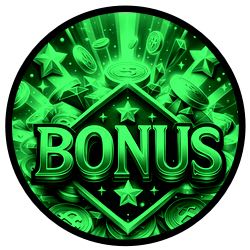 Rund bild med en skylt med ordet "BONUS" i svart och grönt. Runt skylten flyger guldmynt, stjärnor och diamanter.