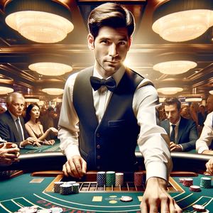 En man i vit skjorta, svart väst och svart fluga på sitt casino jobb som black jack dealer.