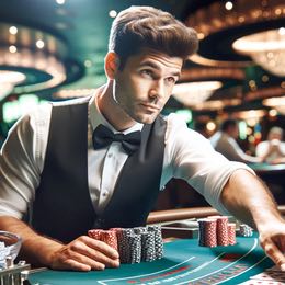 En dealer vid ett spelbord på ett landbaserat casino.