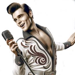 En Elvis Presley look a like klädd som en klassisk 1950-talsrockare, med pompadour-frisyr, en vit glittrande jumpsuit med intrikata utsmyckningar. Han håller en retro mikrofon och har en utsträckt arm, vilket förmedlar en känsla av energi och karisma på scenen.