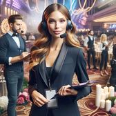 Bild på en kvinna i svart kostym och headset som jobbar som eventplanerare på ett casino. I handen håller hon en skrivtavla.