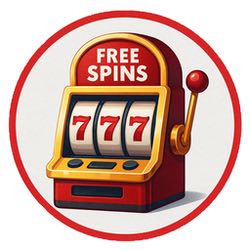 En rund ikon med röd ram som visar en klassisk slotmaskin i rött och guld med tre sjuor på hjulen och texten ”Free Spins” ovanför, vilket symboliserar att Maria Casino har ett bonuserbjudande med free spins just nu