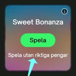 En turkos pil pekar på texten "spela utan riktiga pengar" för att visa var man ska klicka för att provspela Sweet Bonanza gratis hos ComeOn.