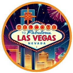 En rund ram med en bild på Las Vegas berömda välkomstskylt med neonljus som säger "Welcome to Fabulous Las Vegas Nevada". Skylten är omgiven av glittrande ljus och stjärnor, med en illustration av stadssiluetten och fyrverkerier som framkallar en känsla av firande och festligheter.