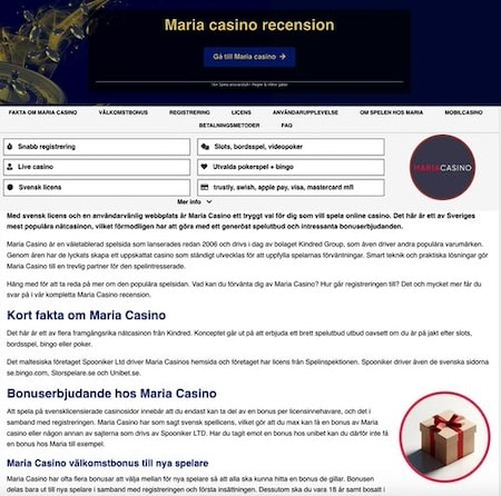 Skärmbild på vår Maria casino recension