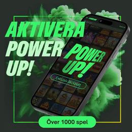 En mobiltelefon som visar spelikoner på skärmen och texten "POWER UP!". Det finns en grön energisk molnliknande explosion bakom telefonen och överst på bilden finns texten "AKTIVERA POWER UP! Det är mycket gröna toner i bilden som går i samma eller liknande nyans som ComeOn casinos logga