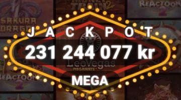 Bild på jackpottsumman i Mega-jackpotten i LeoJackpot. Summan är 231 244 077 kr.