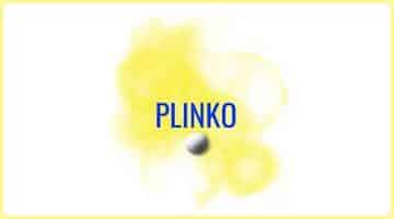 Bild på en gul färgklick där det står Plinko i blått. Under texten finns en bild på en Plinko-kula.