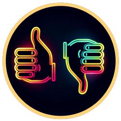 En rund bild med en hand som visar tummen upp och en hand som visar tummen ner. Bilden ska symbolisera för- och nackdelar med Plinko.