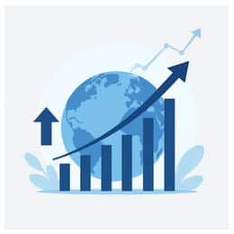 Illustration av global tillväxt där stapeldiagram och pilar pekar uppåt framför en jordglob – symboliserar ett ELK Studios internationella expansion.