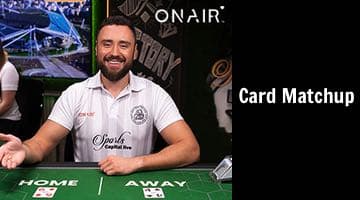 Bild på en dealer vid spelbordet i live-spelet Card Matchup. Intill bilden står texten "Card Matchup"