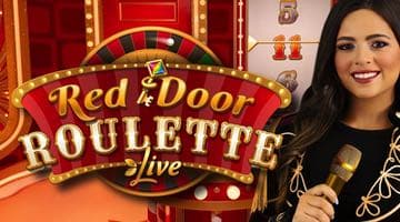 Bild på loggan för Red Door Roulette med en spelvärd intill