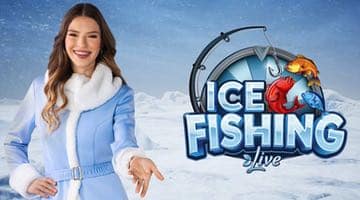 Bild på loggan för Ice Fishing. Intill står en spelvärd i ett vinterlandskap klädd i varma kläder.