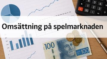 I bilden syns en rapport med stapel-, linje- och cirkeldiagram, miniräknare samt en svensk sedel och mynt. I bilden finns rubriken: "Omsättning på spelmarknaden".