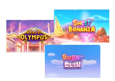 Bild på tre spel från Pragmatic Play: Gates of Olympus, Sweet Bonanza och Sugar Rush