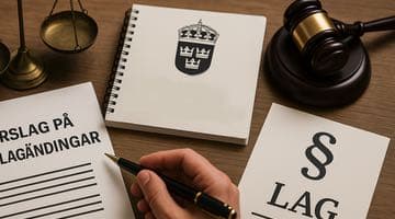 Skrivbord där det ligger ett häfte med regeringens logga på, ett papper med en lagparagraf, ett papper med förslag på lagändringar samt en domarklubba. Någon sitter vid skrivbordet med en penna i handen och tar del av dokumenten.