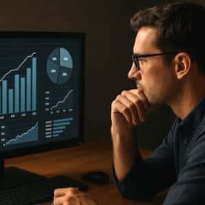 En man sitter framför en dator och tittar på statistik.