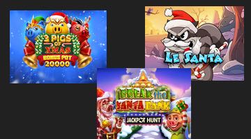 Bild på tre nya julslots 2025: Le Santa, Break The Santa Bank och 3 Pigs of Xmas Bonus Pot 2000