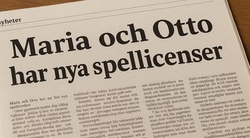 En tidningsartikel med rubriken "Maria och Otto har nya spellicenser" ligger uppslagen på ett träbord. Under rubriken syns suddig brödtext som inte går att läsa i detalj.