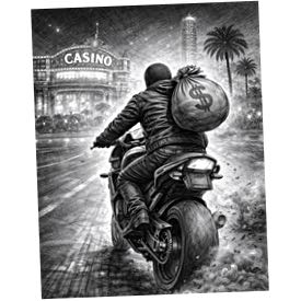 Blyertsteckning av en rånare som flyr från ett casino på motorcykel, sedd bakifrån med en säck pengar hängande på ryggen. Längs gatan syns ett casino, palmer och en hög byggnad.