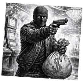Blyertsteckning som föreställer en maskerad rånare med pistol och en säck pengar inne på ett casino i Las Vegas. Spelautomater syns i bakgrunden