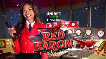 Omslagsbild för spelet Red Baron Live hos unibet. I bilden syns en spelvärd i en studio som ser ut som ett kontrollrum i ett flygton, spelets logga, Unibets logga och evolutions logga.
