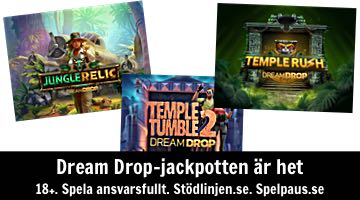 Bilder på tre Dream Drop-spel: Jungle Relic, Temple Rush och Temple Tumble 2. Längst ner i bilden står det "Dream Drop-jackpotten är het" samt information om att spela ansvarsfullt