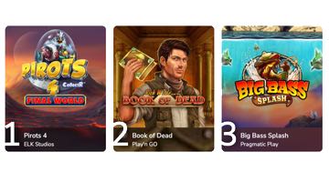 Bild på de tre mest populära spelen bland svenska spelare hos Maria Casino: 1 Pirots 4, 2 Book of Dead, 3 Big Bass Splash