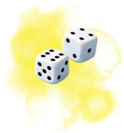 Två vita spel­tärningar med svarta prickar, avbildade mot en gul, akvarelliknande bakgrund.