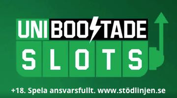 Grafik från Unibet som liknar en spelautomat. I Spelautomaten står texten "UNIBOOSTADE SLOTS" i stora rutor och en uppåtpekande pil till höger. Längst ned står "+18. Spela ansvarsfullt. www.stodlinjen.se"