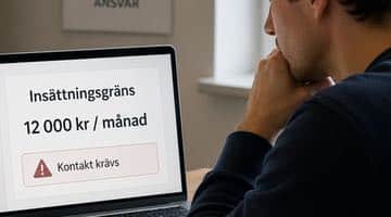 Person sitter framför en laptop där skärmen visar en insättningsgräns på 12 000 kr per månad och meddelandet "Kontakt krävs".
