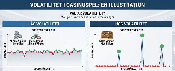 Bild som illustrerar volatilitet i casinospel med grafer. En graf visar vinstutbetalning i lågvolatila spel, en graf visar vinstutbetalning i högvolatila spel.