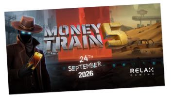 Teaserbild för Money Train 5 från Relax Gaming med westernfigur, tågmiljö och lanseringsdatumet 24 september 2026.