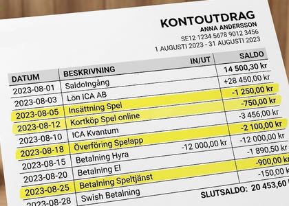 Ett kontoutdrag med fokus på transaktionslistan där flera betalningar relaterade till casino och speltjänster är markerade med gul överstrykningspenna.