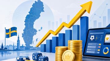 Illustration av den svenska spelmarknaden med Sverige-karta, spelmarker, mynt, digitalt spel och ett stigande diagram som visar ökad omsättning.