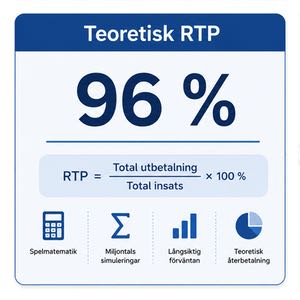 Illustration som visar teoretisk RTP på 96 procent och hur återbetalningsprocenten beräknas utifrån insatser och utbetalningar.