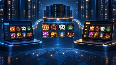 Två olika nätcasinon som visar liknande spelutbud, anslutna till samma centrala spelplattform.