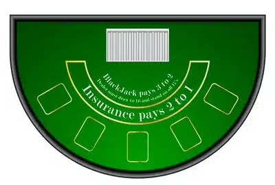 Havainnekuva vihreästä blackjack-pöydästä, jossa näkyvät pelaajapaikat ja korttien alueet.