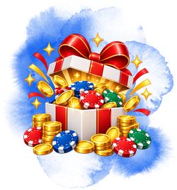 Illustrasjon av en åpen gaveeske med gullmynter og casinosjetonger som symboliserer gaver og premier fra casinobonuser.